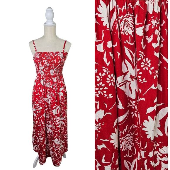 Old Navy Red White Floral Maxi Dress Medium Tropical Vacation Adjustable Pockets - Picture 1 of 12